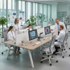 Mesa multipuesto UvePro Bench triple, fondo 166 cm, sobre curvo, estructura blanca