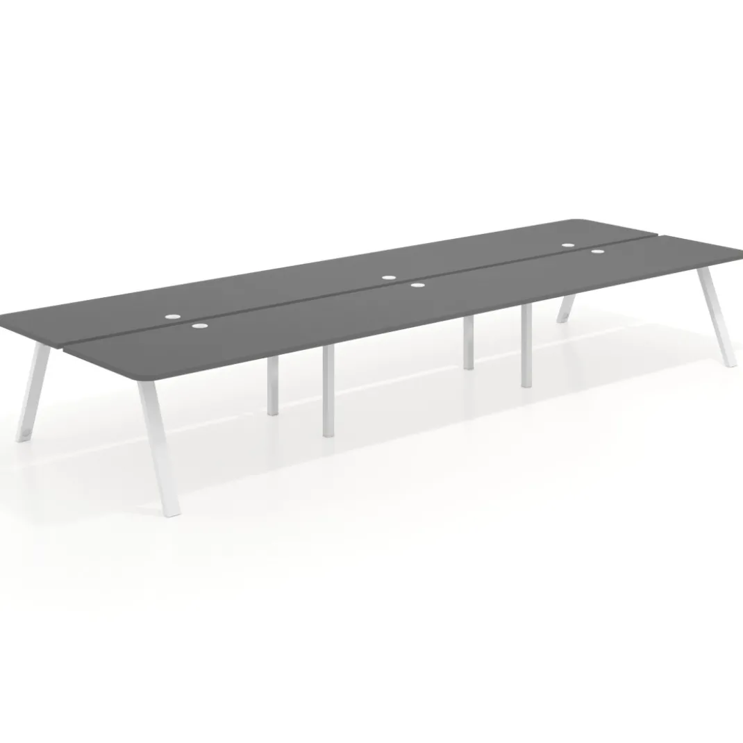 Mesa multipuesto UvePro Bench triple, fondo 166 cm, sobre curvo, estructura blanca