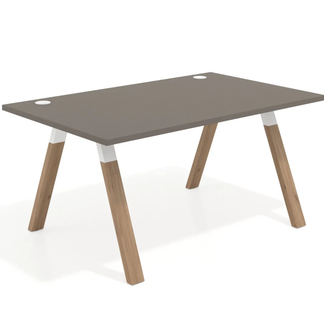 Mesa oficina de diseño UvePro fondo 100cm, estructura blanca, patas de madera