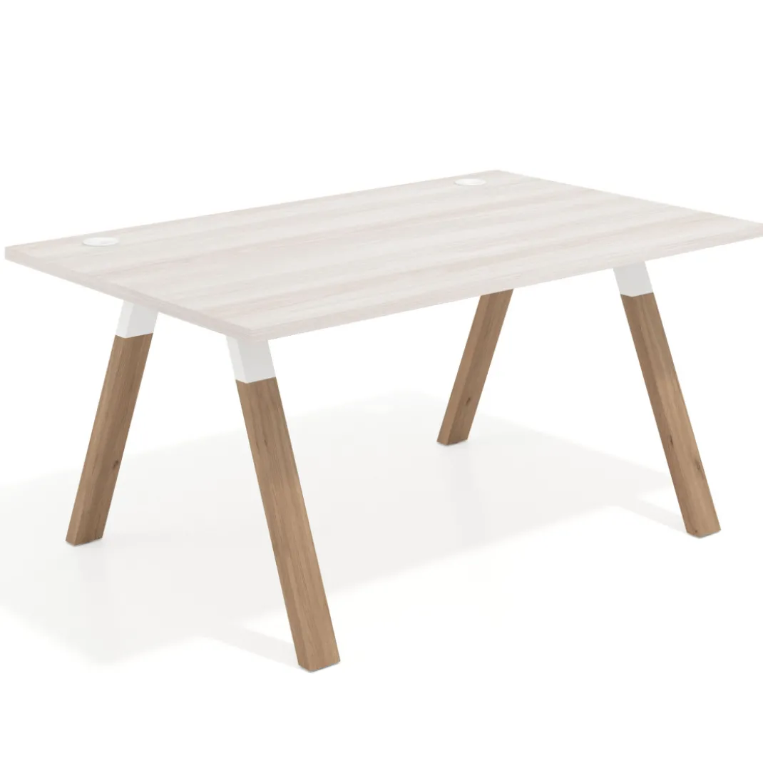 Mesa oficina de diseño UvePro fondo 100cm, estructura blanca, patas de madera