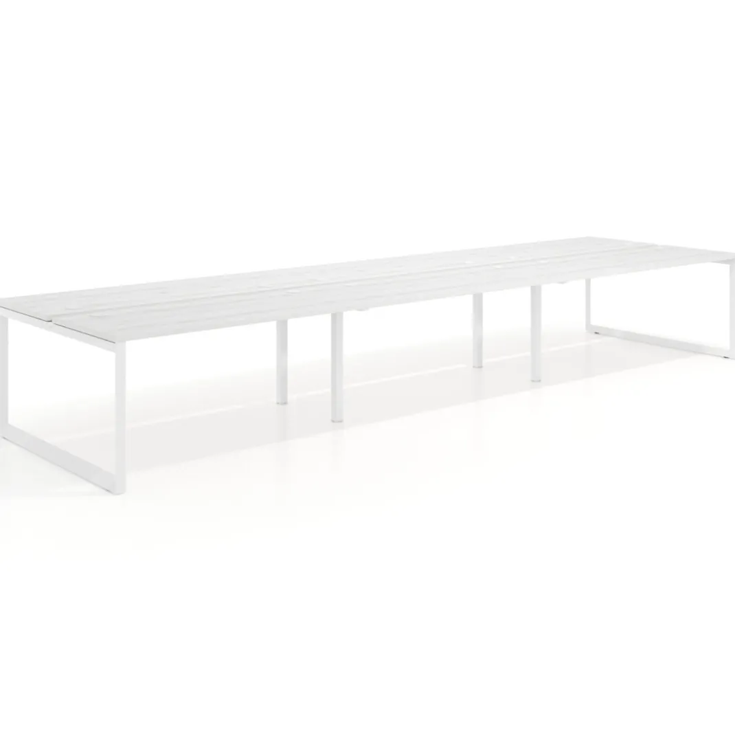 Mesa oficina multipuesto bench Delta triple, fondo 142cm, estructura blanca