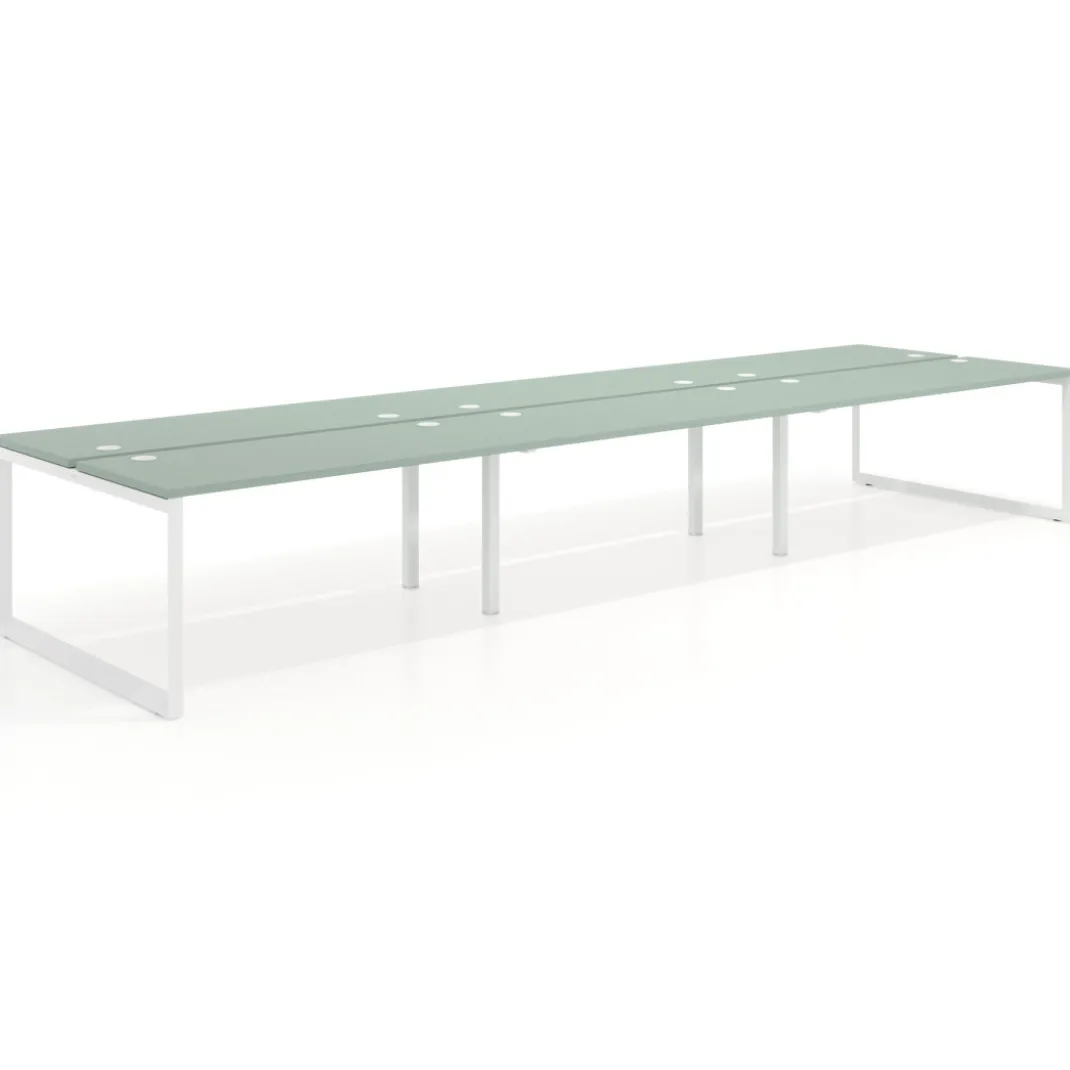 Mesa oficina multipuesto bench Delta triple, fondo 142cm, estructura blanca