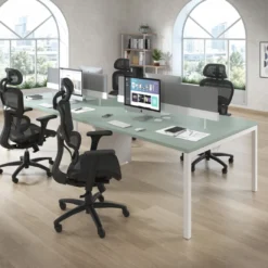 Mesa para coworking encimera continua doble Kube, fondo 126 cm, estructura blanca