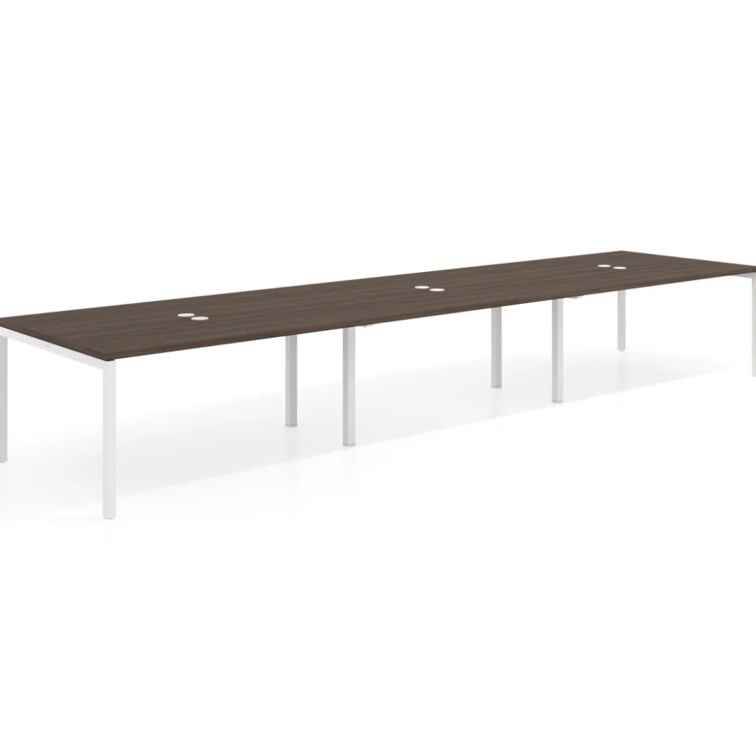 Mesa para coworking encimera continua triple Kube, fondo 126 cm, estructura blanca
