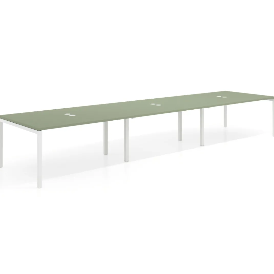 Mesa para coworking encimera continua triple Kube, fondo 126 cm, estructura blanca