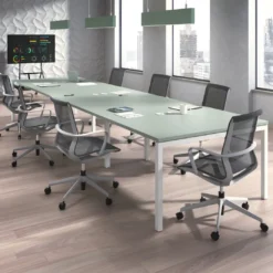 Mesa para coworking encimera continua triple Kube, fondo 126 cm, estructura blanca