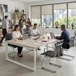 Mesa para reuniones rectangular triple, fondo 142 cm, estructura blanca