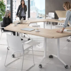 Mesa plegable pivot trapezoidal, estructura blanco, canto 30cm