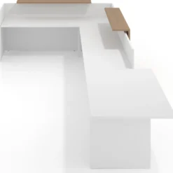 Mostrador con rincón izquierdo y módulo de atención, estructura blanco mate