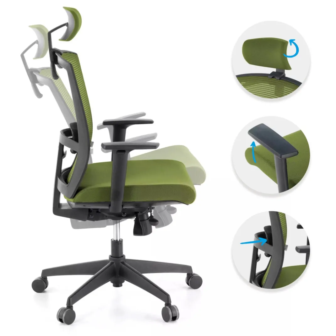 Silla de oficina Kendo, brazos ajustables, reposacabezas, red