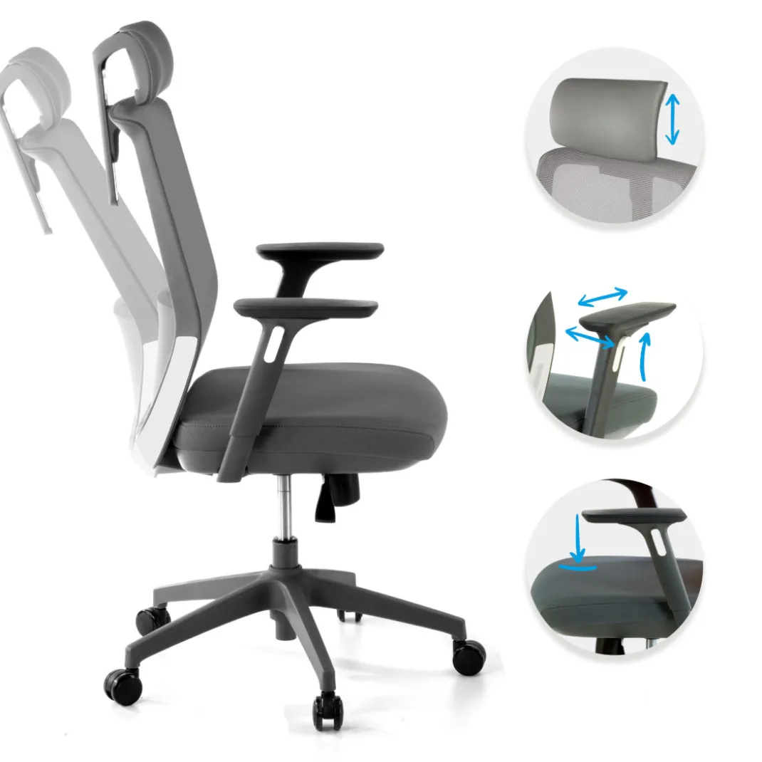 Silla de oficina Wind, respaldo ergonómico, brazos 3D, reposacabezas