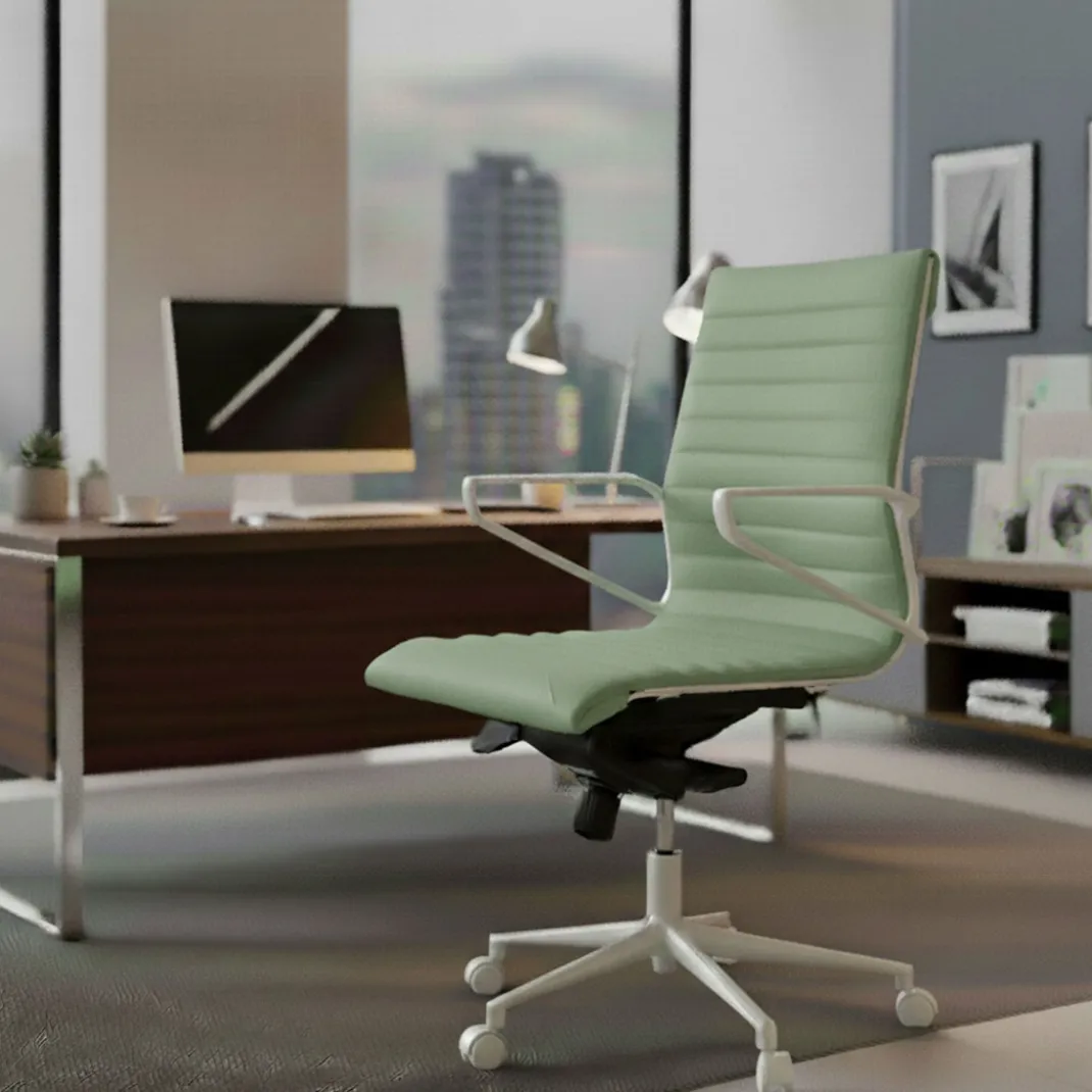 Sillón oficina Diseño Forli, estructura blanca, respaldo bajo, ecopiel
