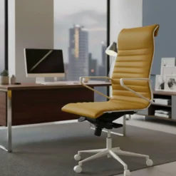 Sillón oficina Diseño Forli, estructura blanca, respaldo alto, ecopiel